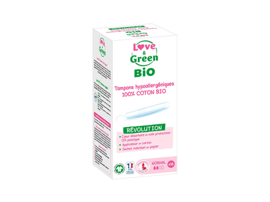 Love & Green Tampons 100% coton BIO avec applicateur Taille normal - 16 tampons