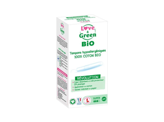 Love & Green Tampons 100% coton BIO avec applicateur Taille super - 14 tampons