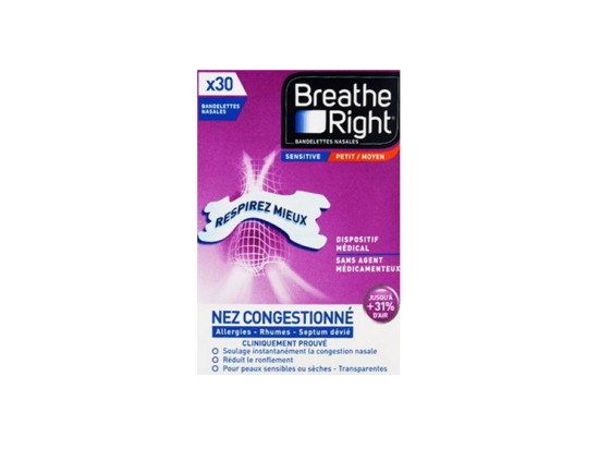 Breathe Right Bandelettes nasales sensitive - 30 bandelettes transparentes