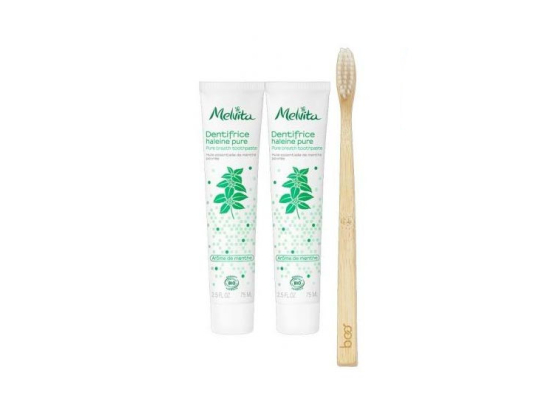 Melvita Dentifrice Haleine Pure BIO - 2 x 75 ml + Brosse à dents OFFERTE