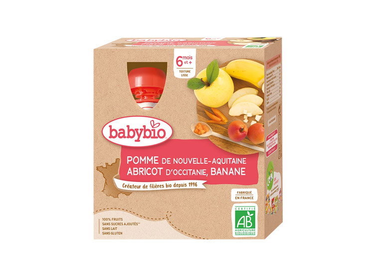 Babybio Gourde Pomme de Nouvelle-Aquitaine, Abricot et banane BIO - 4x90g